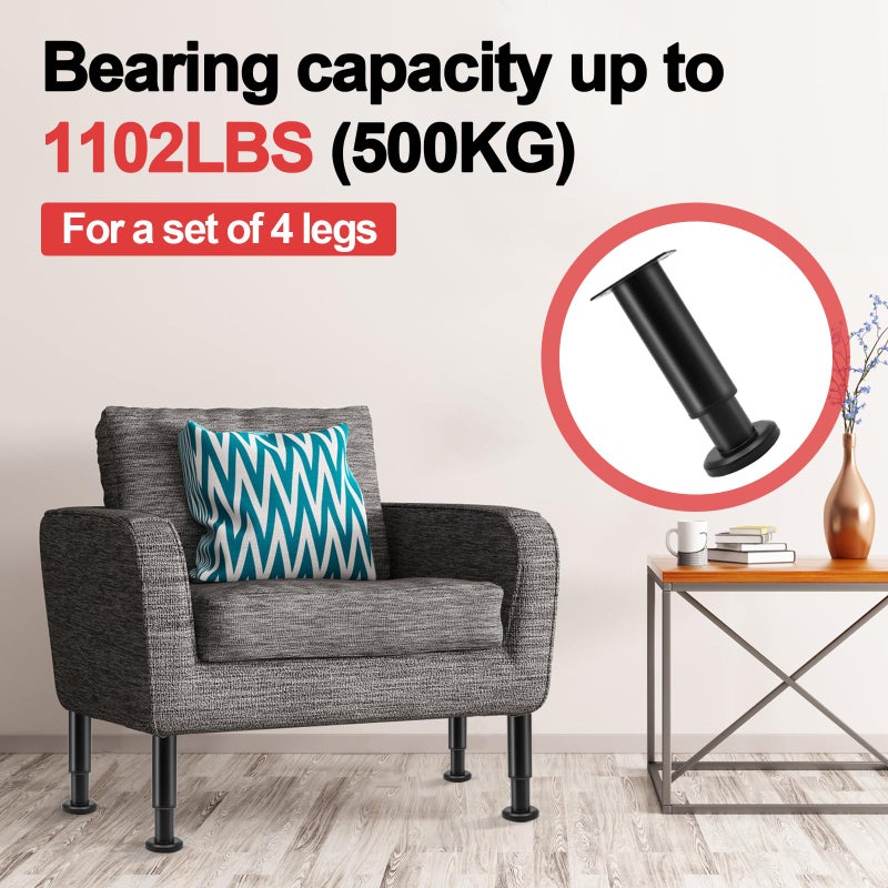 Uenhoy مجموعة من 4 أرجل أثاث قابلة للتعديل 4.72-7 بوصة أرجل خزانة معدنية شديدة التحمل للكرسي وطاولة مضمد وأريكة وسرير وأرجل دعم الأثاث واستبدال أقدام الأثاث، أسود - Image 4